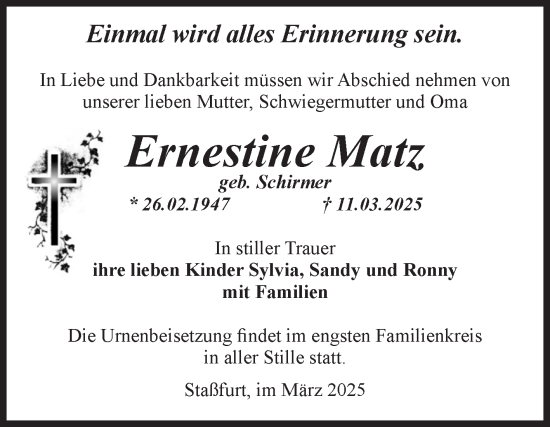 Traueranzeige von Ernestine Matz von Volksstimme Staßfurt