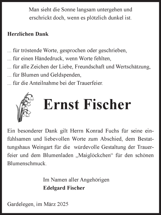 Traueranzeige von Ernst Fischer von Volksstimme Altmark West