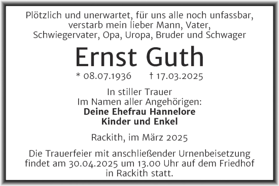 Traueranzeige von Ernst Guth von Trauerkombi Wittenberg