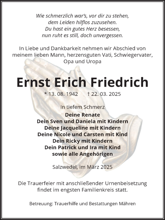Traueranzeige von Ernst Erich Friedrich von Volksstimme Altmark West
