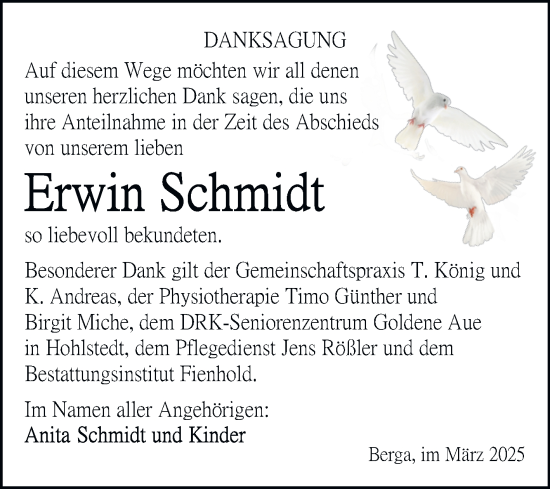 Traueranzeige von Erwin Schmidt von Trauerkombi Sangerhausen