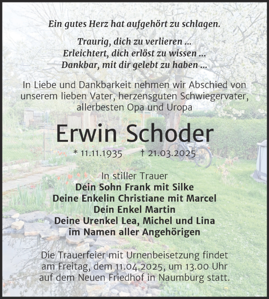 Traueranzeige von Erwin Schoder von Super Sonntag Naumburg/Nebra