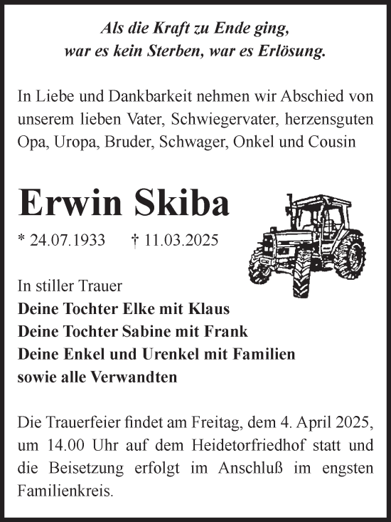 Traueranzeige von Erwin Skiba von Volksstimme Zerbst