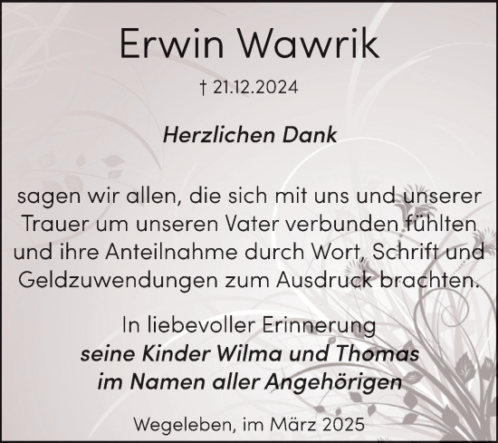 Traueranzeige von Erwin Wawrik von Volksstimme Halberstadt