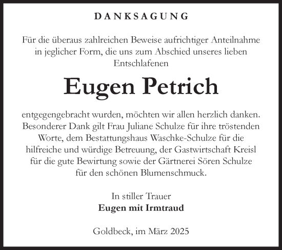 Traueranzeige von Eugen Petrich von Volksstimme Altmark Ost