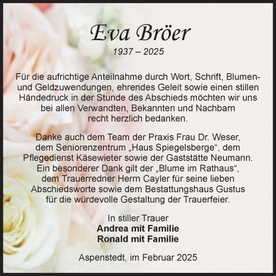 Traueranzeige von Eva Bröer von Volksstimme Halberstadt