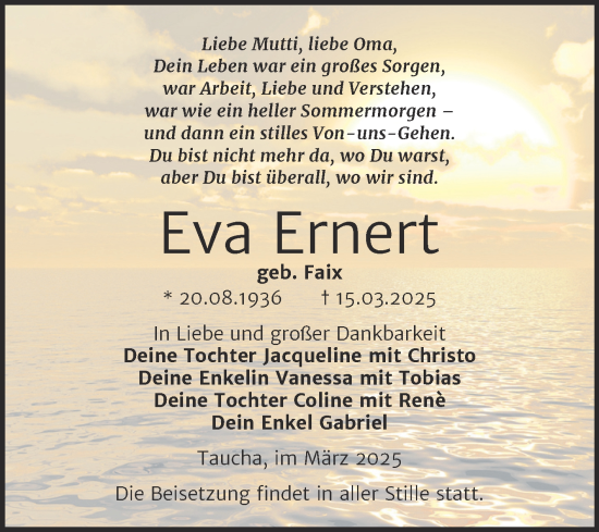 Traueranzeige von Eva Ernert von Trauerkombi Weißenfels