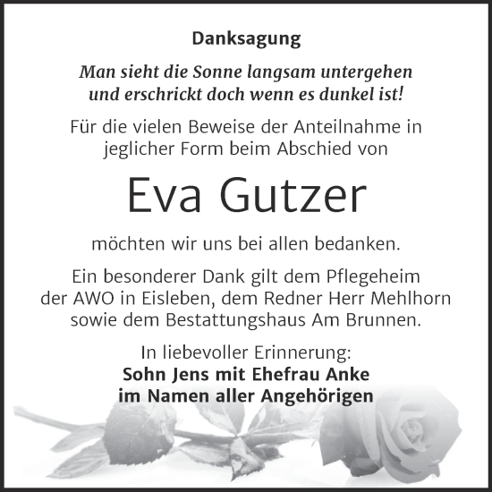 Traueranzeige von Eva Gutzer von Trauerkombi Mansfelder Land