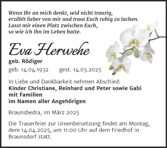 Traueranzeige von Eva Herwehe von Trauerkombi Merseburg