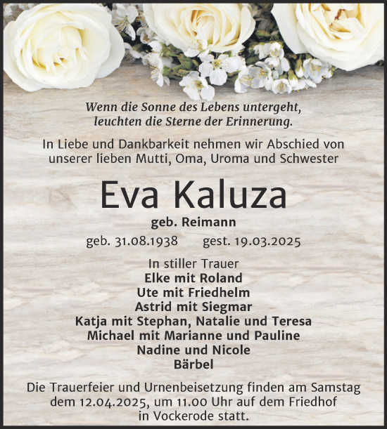 Traueranzeige von Eva Kaluza von Trauerkombi Wittenberg
