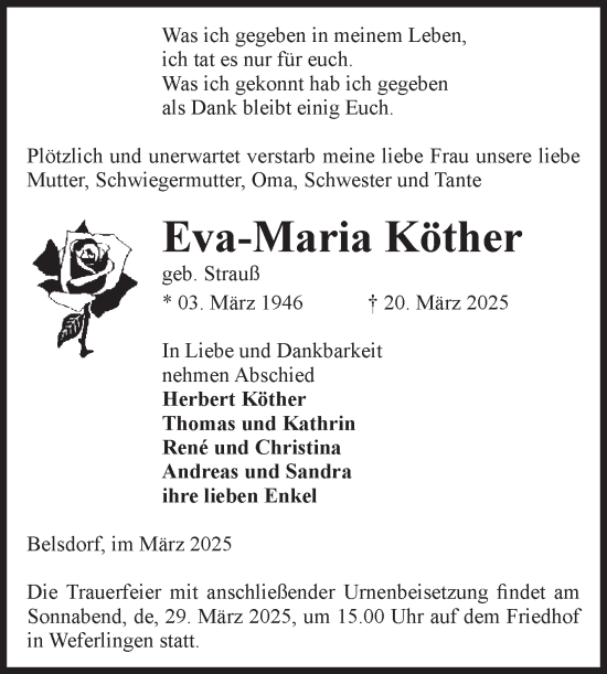 Traueranzeige von Eva-Maria Köther von Volksstimme Haldensleben/Wolmirstedt