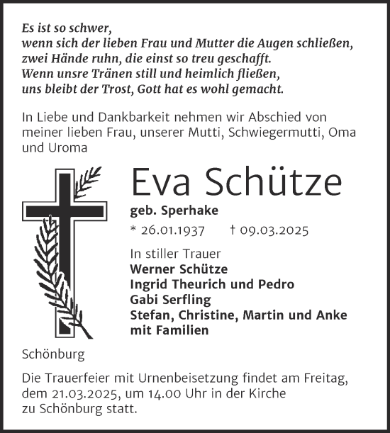 Traueranzeige von Eva Schütze von Super Sonntag Naumburg/Nebra