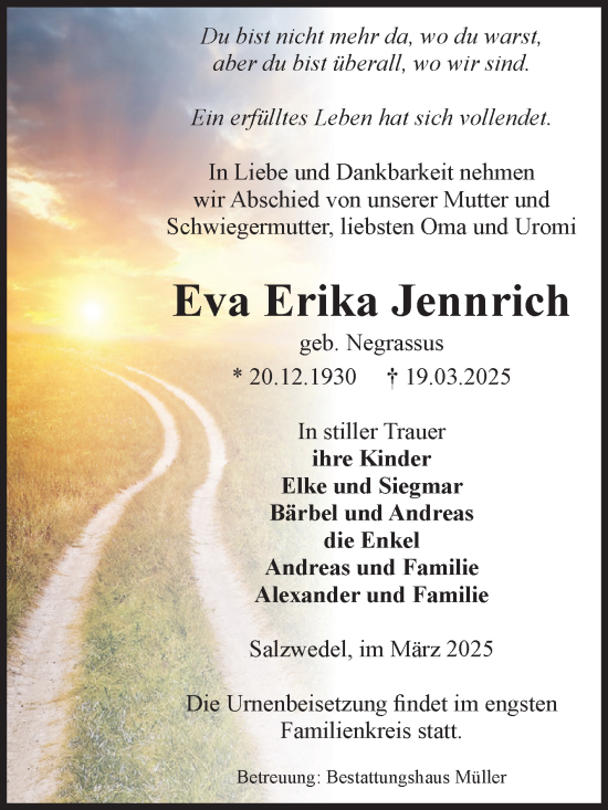 Traueranzeige von Eva Erika Jennrich von Volksstimme Altmark West