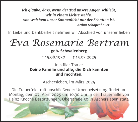 Traueranzeige von Eva Rosemarie Bertram von Trauerkombi Aschersleben