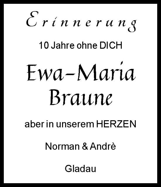 Traueranzeige von Ewa-Maria Braune von Volksstimme Burg/Genthin