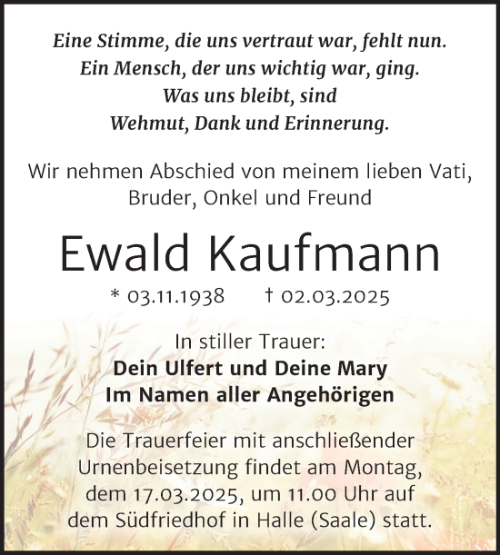 Traueranzeige von Ewald Kaufmann von Mitteldeutsche Zeitung Halle/Saalkreis