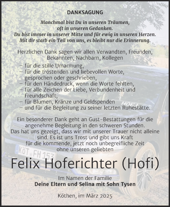 Traueranzeige von Felix Hoferichter von Trauerkombi Köthen