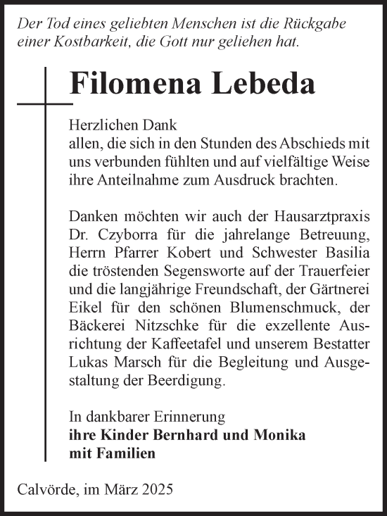 Traueranzeige von Filomena Lebeda von Volksstimme Haldensleben/Wolmirstedt