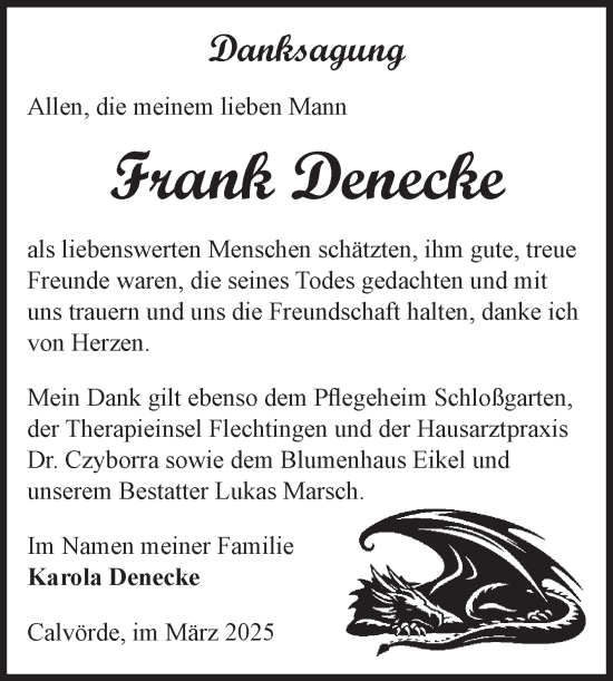Traueranzeige von Frank Denecke von Volksstimme Haldensleben/Wolmirstedt