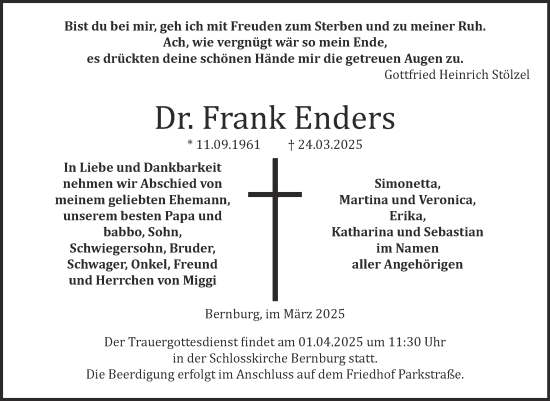 Traueranzeige von Frank Enders von Trauerkombi Bernburg