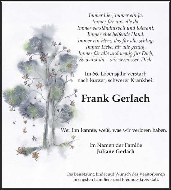 Traueranzeige von Frank Gerlach von Volksstimme Burg/Genthin