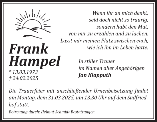 Traueranzeige von Frank Hampel von Volksstimme Magdeburg