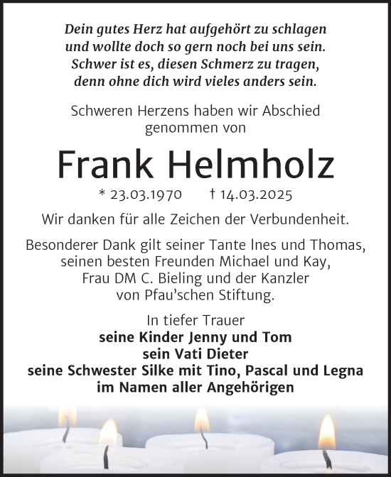 Traueranzeige von Frank Helmholz von Trauerkombi Bernburg