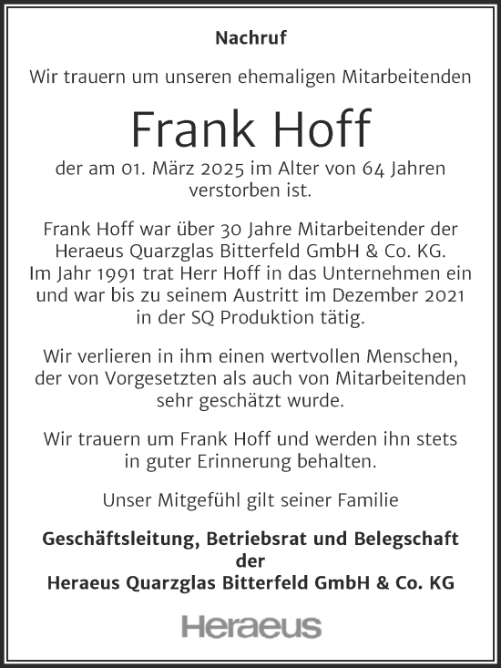 Traueranzeige von Frank Hoff von Mitteldeutsche Zeitung Bitterfeld