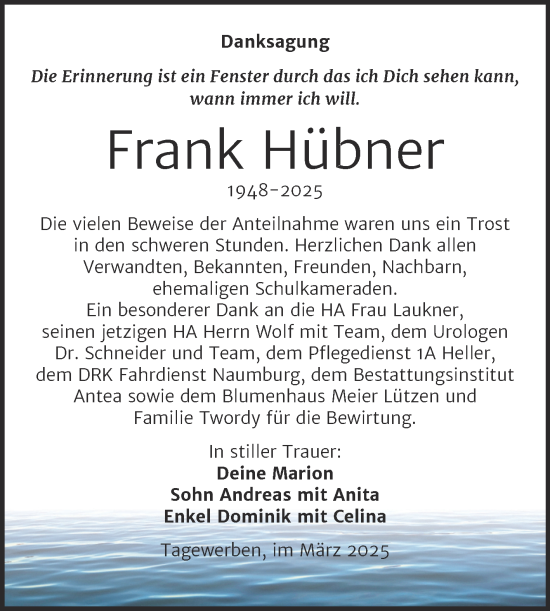 Traueranzeige von Frank Hübner von Trauerkombi Weißenfels