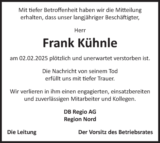 Traueranzeige von Frank Kühnle von Volksstimme Halberstadt