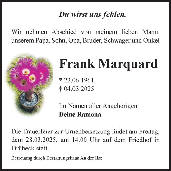 Traueranzeige von Frank Marquard von Volksstimme Wernigerode