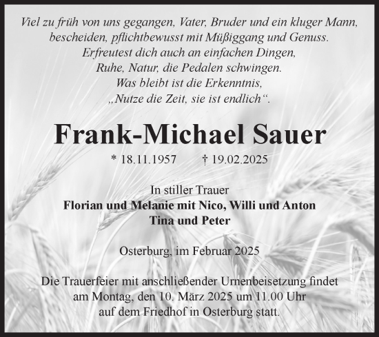 Traueranzeige von Frank-Michael Sauer von Volksstimme Altmark Ost