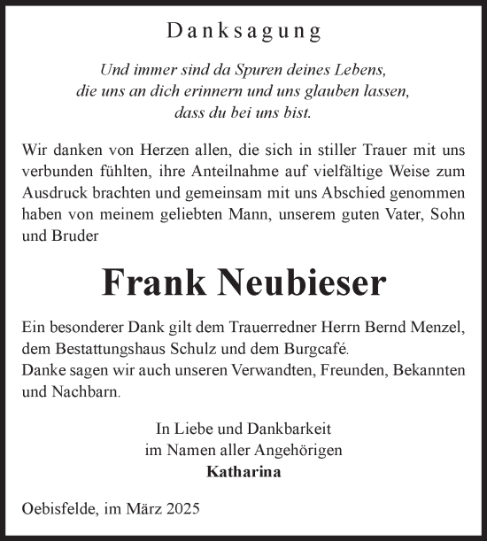 Traueranzeige von Frank Neubieser von Volksstimme Altmark West