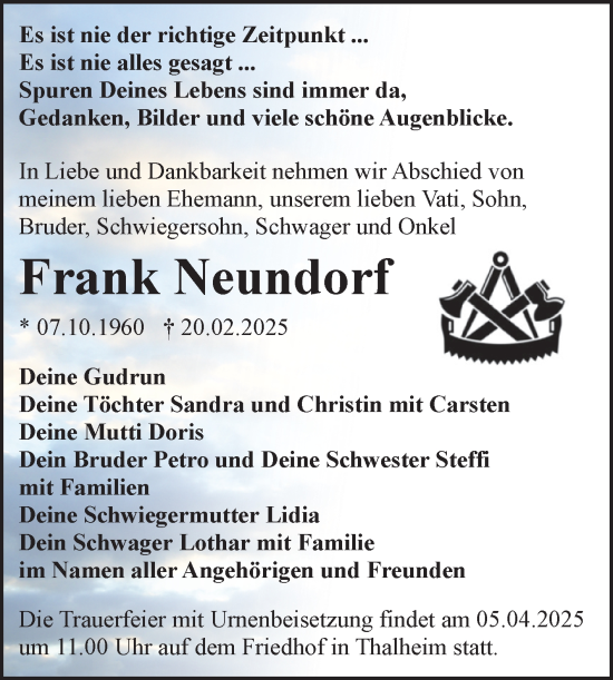 Traueranzeige von Frank Neundorf von Trauerkombi Bitterfeld