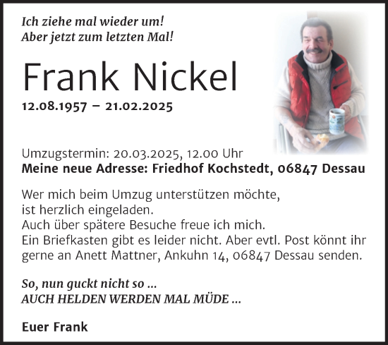Traueranzeige von Frank Nickel von Trauerkombi Dessau