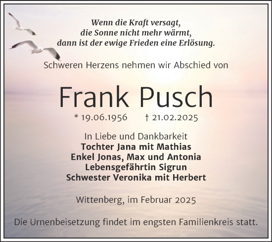 Traueranzeige von Frank Pusch von Trauerkombi Wittenberg