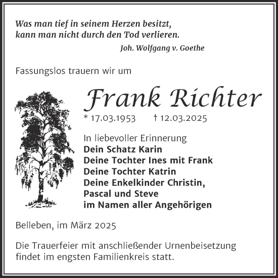 Traueranzeige von Frank Richter von Trauerkombi Bernburg