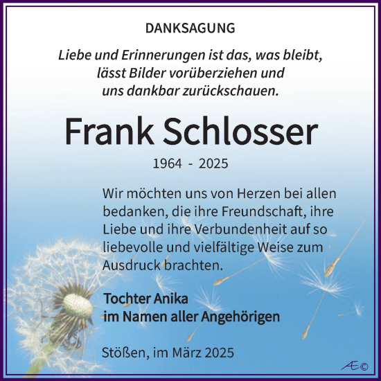 Traueranzeige von Frank Schlosser von Trauerkombi Weißenfels
