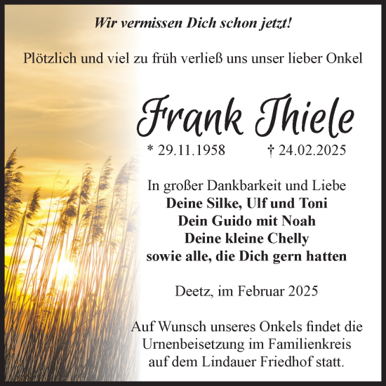 Traueranzeige von Frank Thiele von Volksstimme Zerbst
