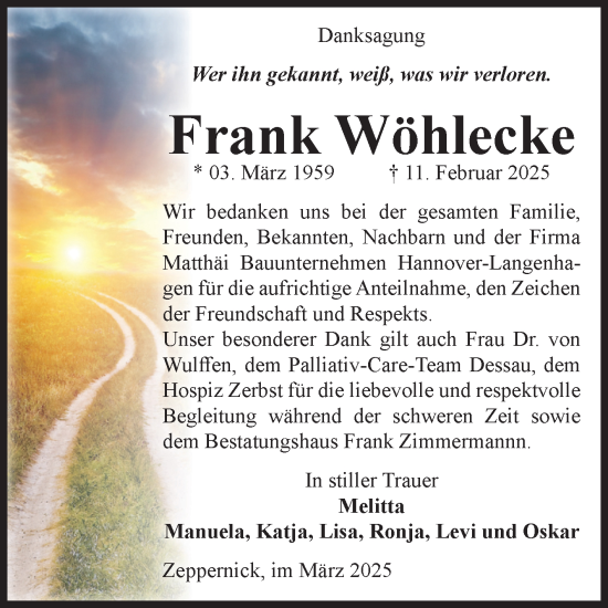 Traueranzeige von Frank Wöhlecke von Volksstimme Burg/Genthin
