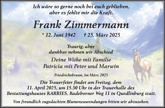 Traueranzeige von Frank Zimmermann von Trauerkombi Quedlinburg