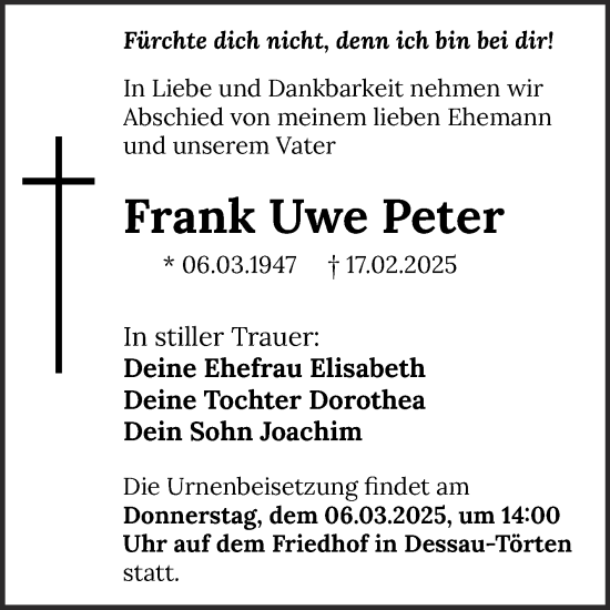 Traueranzeige von Frank Uwe Peter von Trauerkombi Dessau