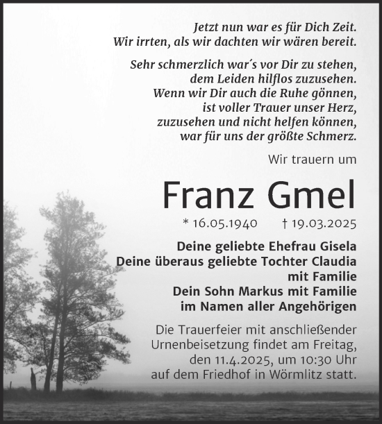 Traueranzeige von Franz Gmel von Mitteldeutsche Zeitung Halle/Saalkreis