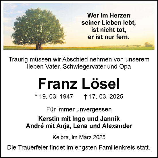 Traueranzeige von Franz Lösel von Trauerkombi Sangerhausen