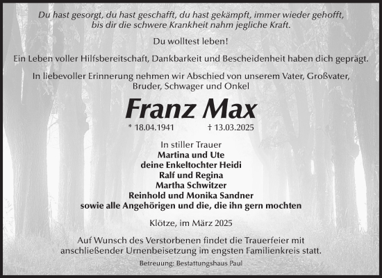 Traueranzeige von Franz Max von Volksstimme Altmark West