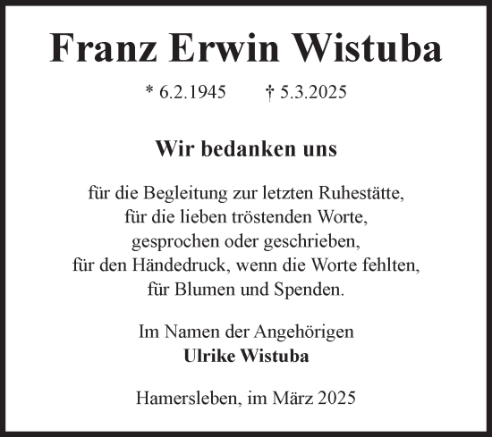 Traueranzeige von Franz Erwin Wistuba von Volksstimme Oschersleben/Wanzleben
