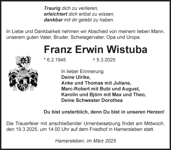 Traueranzeige von Franz Erwin Wistuba von Volksstimme Oschersleben/Wanzleben