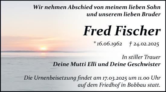 Traueranzeige von Fred Fischer von Trauerkombi Bitterfeld