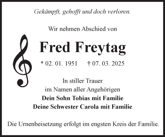 Traueranzeige von Fred Freytag von Volksstimme Zerbst