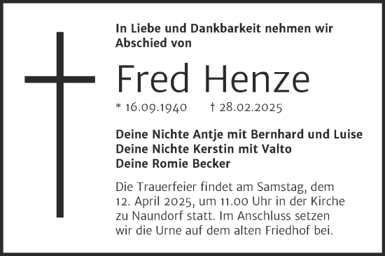 Traueranzeige von Fred Henze von Super Sonntag Wittenberg